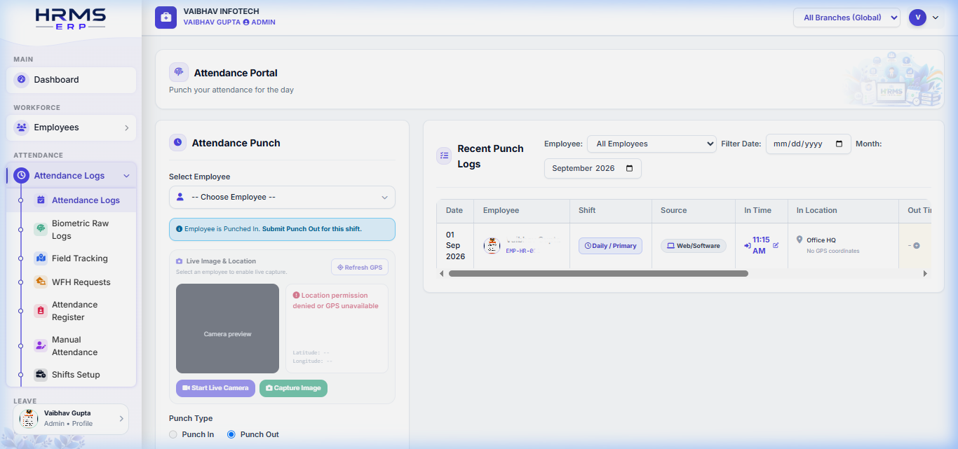 HRMS ERP Attendance Portal Screenshot