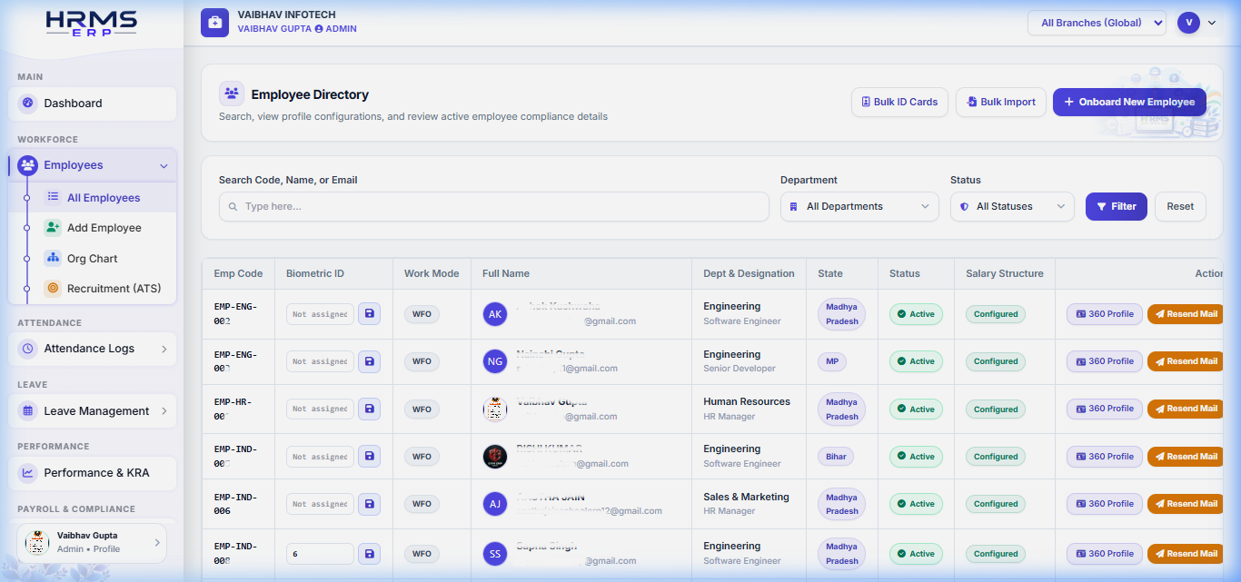 HRMS ERP Employee Directory Screenshot