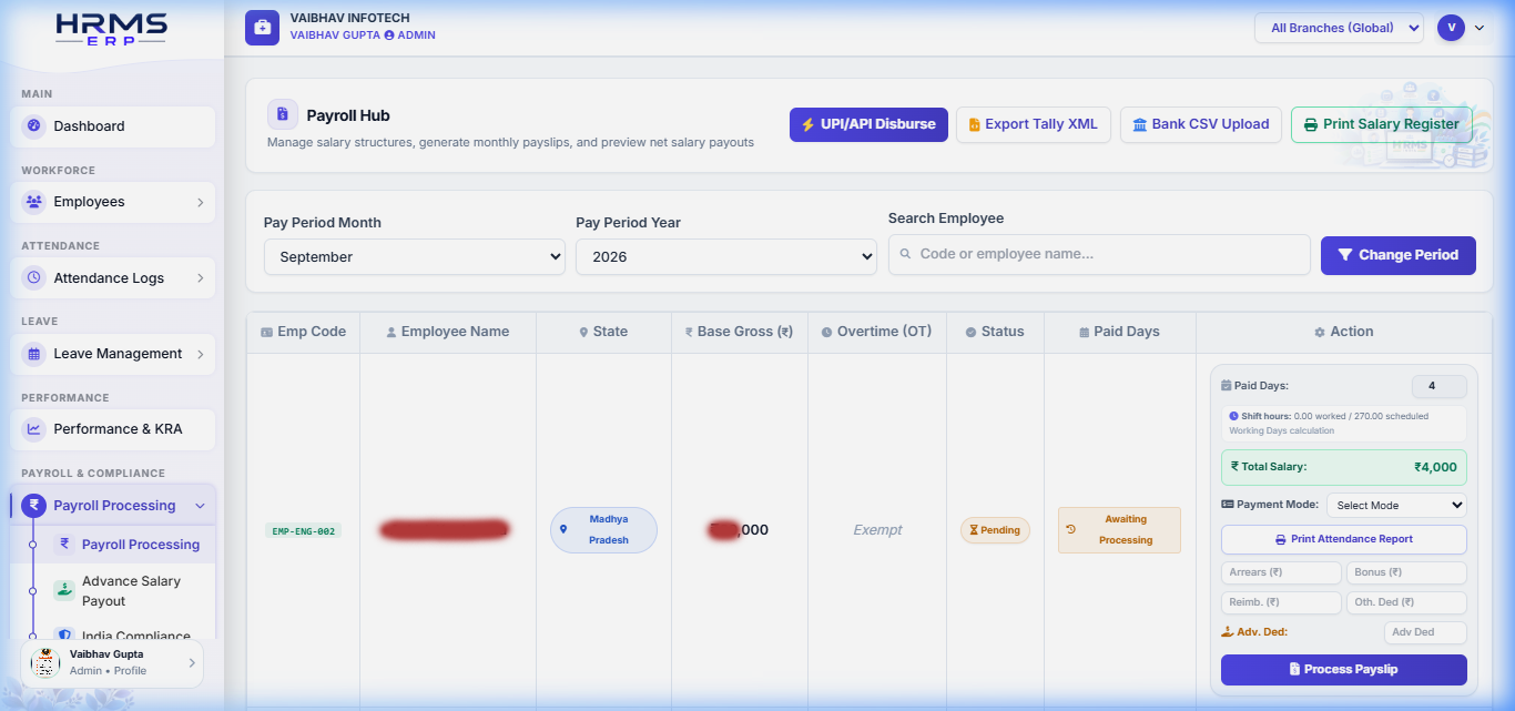 HRMS ERP Payroll Hub Screenshot