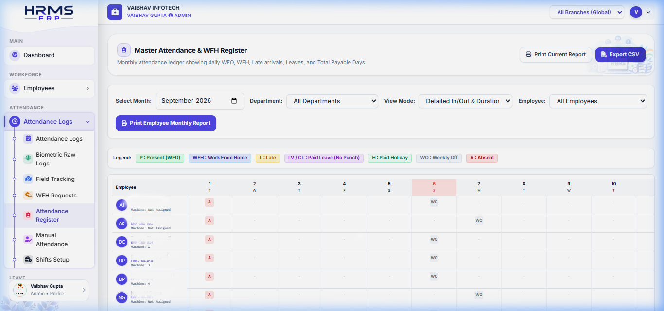 HRMS ERP Master Attendance Register Screenshot